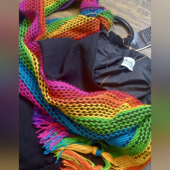 Bareke crochet rainbow scarf strap black tote bag - Picture 6 of 6
